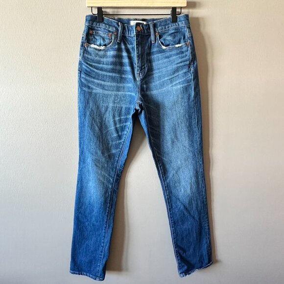 Women's 26 Madewell The High-Rise Slim Boyjean Zipper Fly Distressed Whiskering - Picture 2 of 10